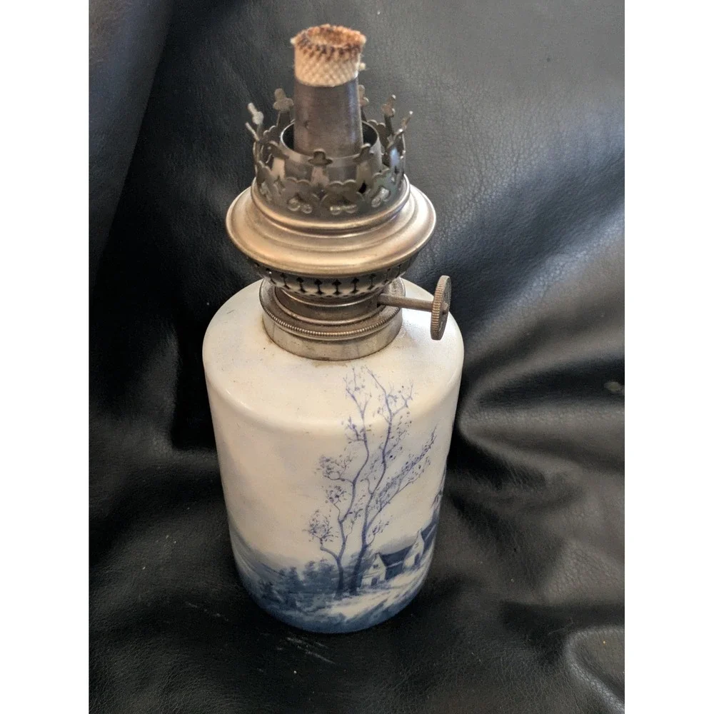 Vintage Baccarat Style Oil Lamp Blue White Windmill Scene Metal Top 4 In Tall
